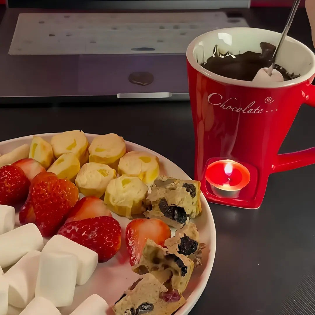 Ceramic Chocolate Fondue Cup with Tealight Holder and Fork, 2 Piece Set [YQT:ULO-261008-007:0d94de95335c8fbf]
