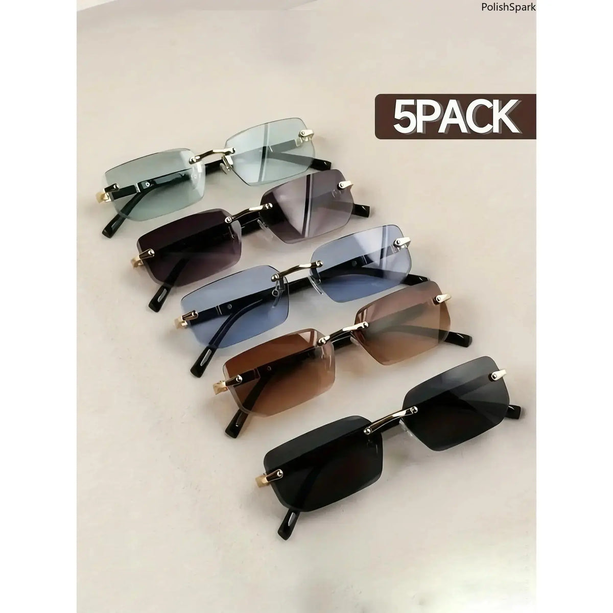 5-Piece Y2K Rimless Rectangular Sunglasses Set with Gold-Tone Details [YQT:ULO-260916-004:95bd9414eaa3fd72]