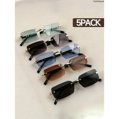 5-Piece Y2K Rimless Rectangular Sunglasses Set with Gold-Tone Details [YQT:ULO-260916-004:95bd9414eaa3fd72]