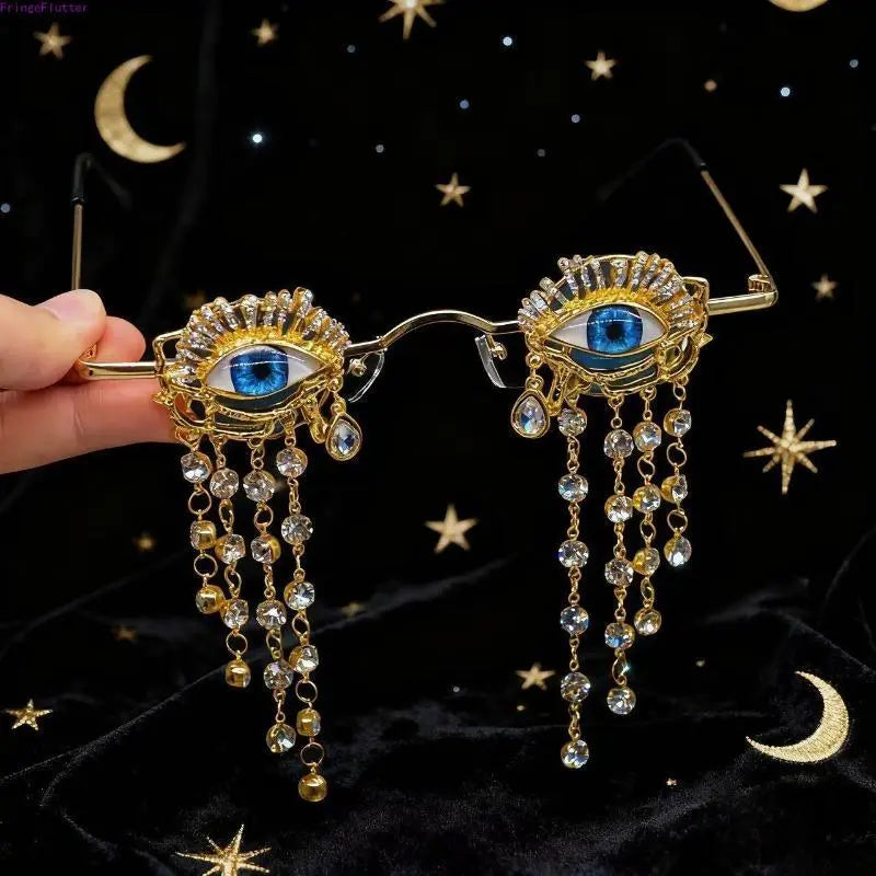 Gothic Blue Eye Glasses with Gold-Tone Frames and Dangling Rhinestone Chains [YQT:ULO-260916-002:514f8ee19a6fd81b]