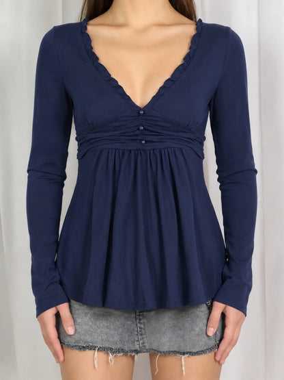 Women's Ruffle Trim V Neck Long Sleeve Top with Ruched Waist [YQT:ULO-260921-005:aa246e39fecfdce5]