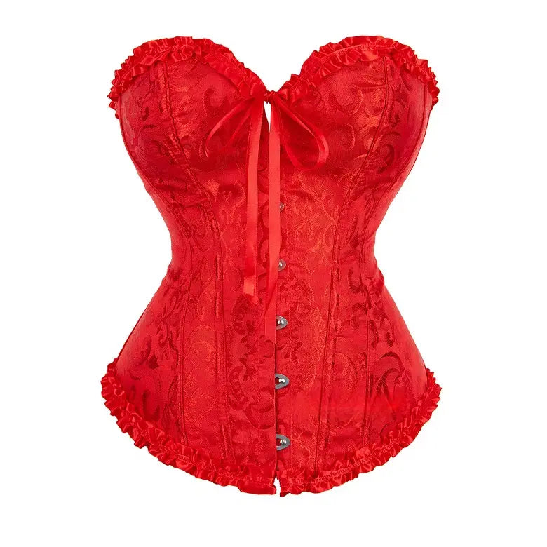 Women's Strapless Overbust Corset Top with Floral Pattern and Ruffle Trim [YQT:ULO-261008-012:667c6456eb2b828c]