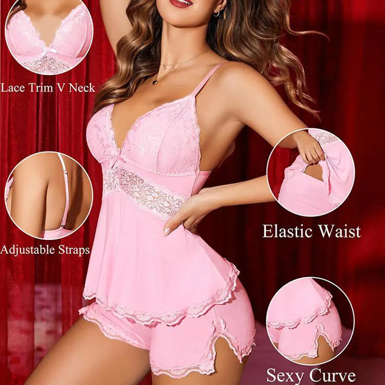 Women's Floral Lace V-Neck Camisole and Shorts Pajama Set [YQT:ULO-260923-002:cbc3593ee2bb5180]