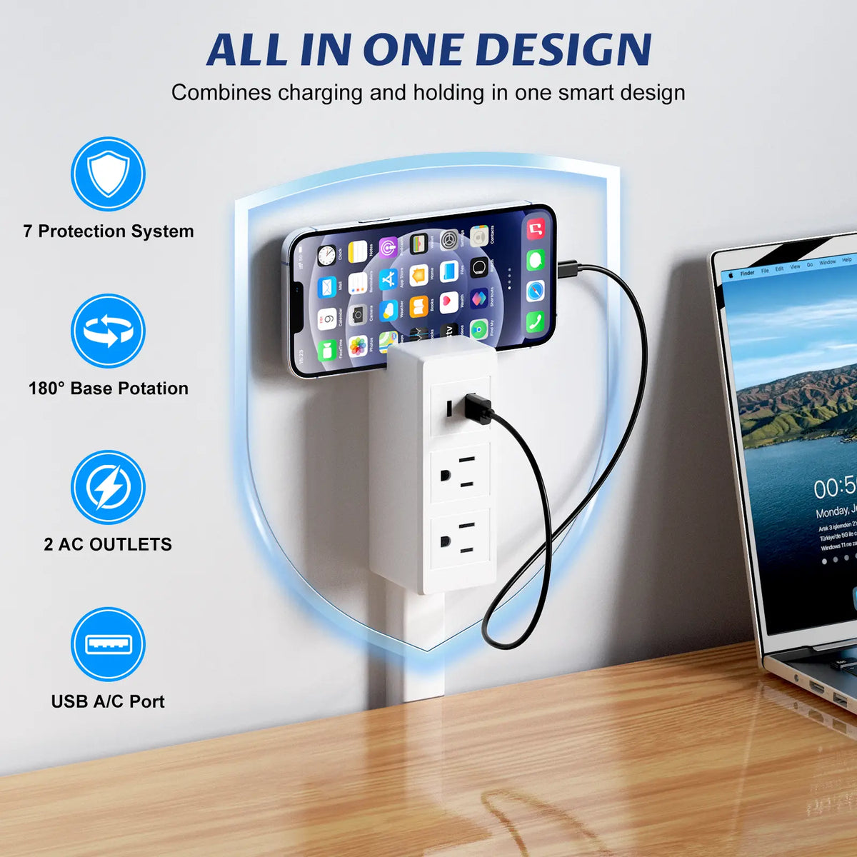 Adjustable Wall Outlet Extender with Two AC Outlets and USB Charging Ports [YQT:ULO-260924-006:d2efa666e8382937]