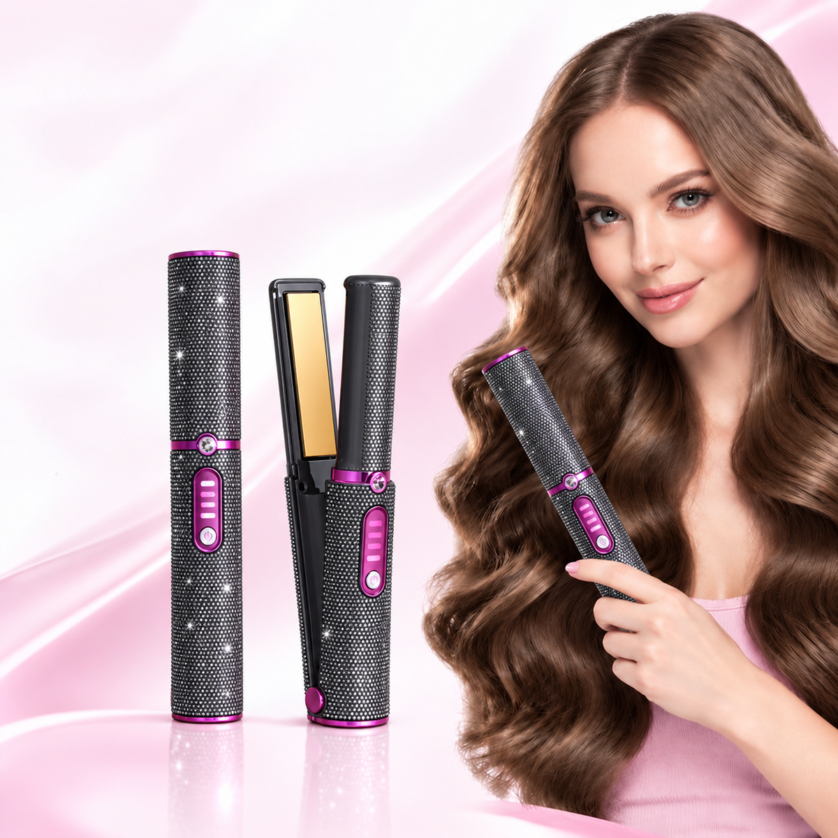 Cordless 2-in-1 Hair Straightener and Curler with Sparkling Rhinestone Design