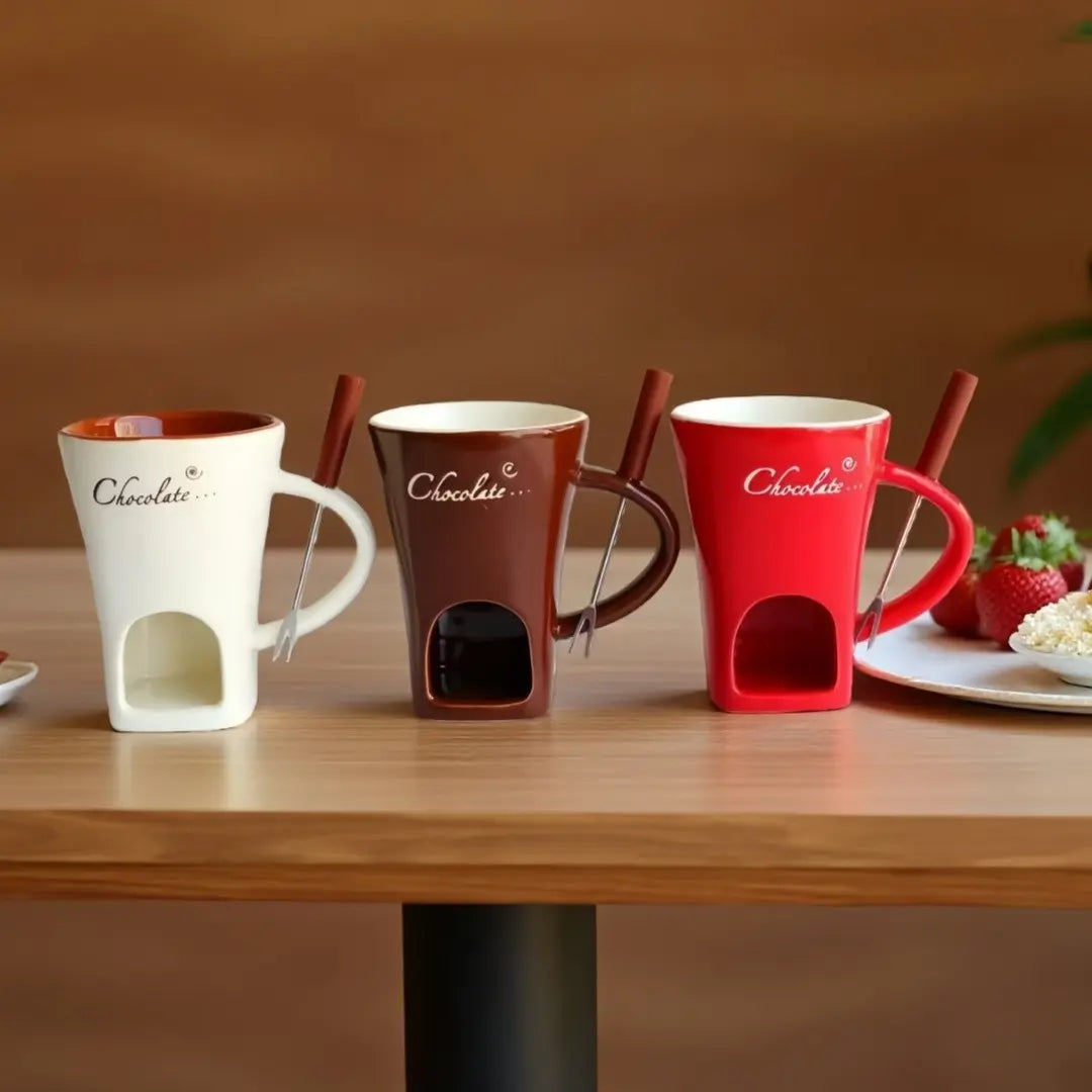 Ceramic Chocolate Fondue Cup with Tealight Holder and Fork, 2 Piece Set [YQT:ULO-261008-007:abbd13b102410de2]