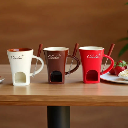 Ceramic Chocolate Fondue Cup with Tealight Holder and Fork, 2 Piece Set [YQT:ULO-261008-007:abbd13b102410de2]