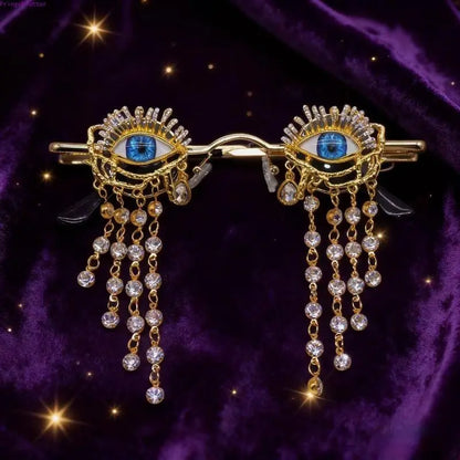 Gothic Blue Eye Glasses with Gold-Tone Frames and Dangling Rhinestone Chains [YQT:ULO-260916-002:35b4390215653aca]