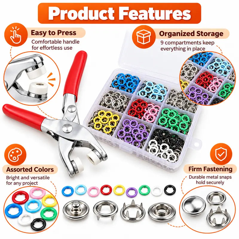 Colored Metal Snap Fastener Kit with Hand Pliers and Compartment Storage Box [YQT:ULO-261012-005:b0649af3c6ea6e0b]