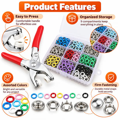 Colored Metal Snap Fastener Kit with Hand Pliers and Compartment Storage Box [YQT:ULO-261012-005:b0649af3c6ea6e0b]