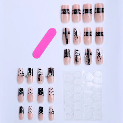 24-Piece Square Press-On Nails with Black Polka Dots and Rhinestone Accents [YQT:ULO-260918-003:dd1504e16e5fa8a2]