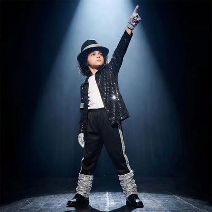 Boys Black Sequin Pop Star Costume Set with Silver Accents [YQT:ULO-261007-002:1310572696730fcb]