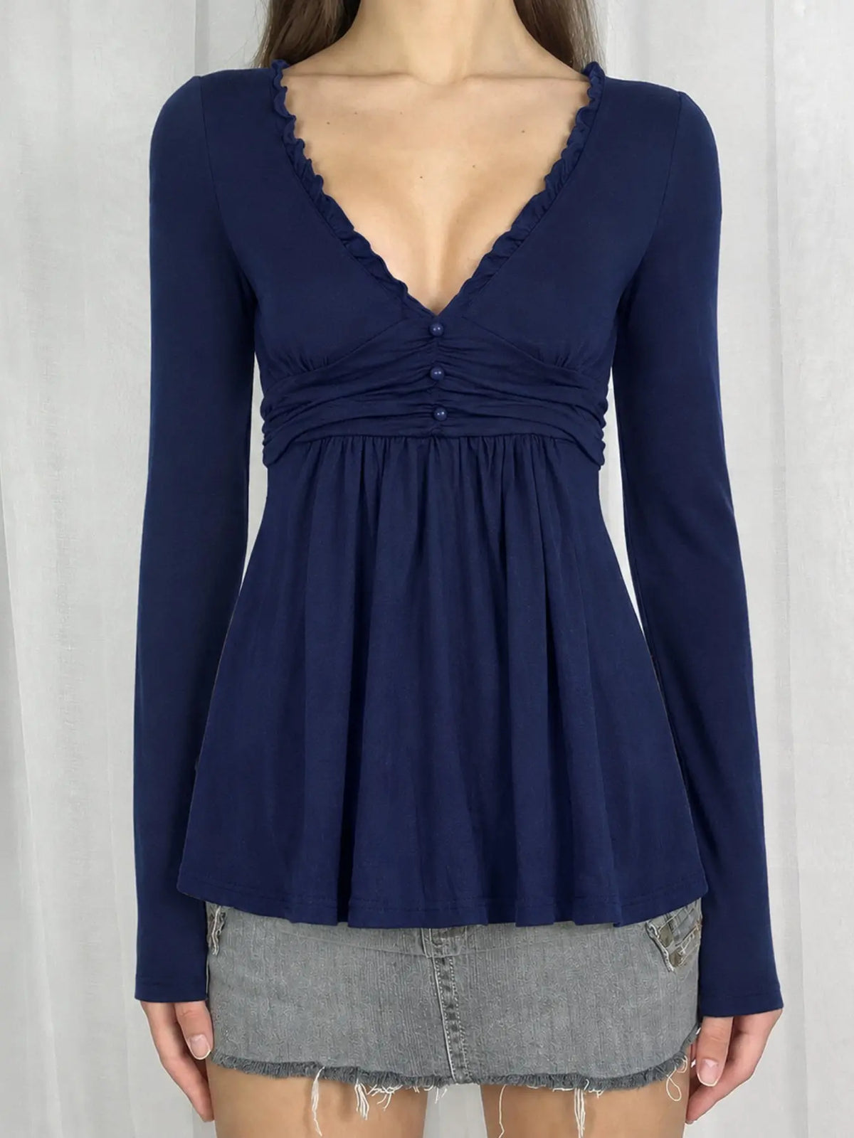 Women's Ruffle Trim V Neck Long Sleeve Top with Ruched Waist [YQT:ULO-260921-005:0c8b0b6a76e78bd2]