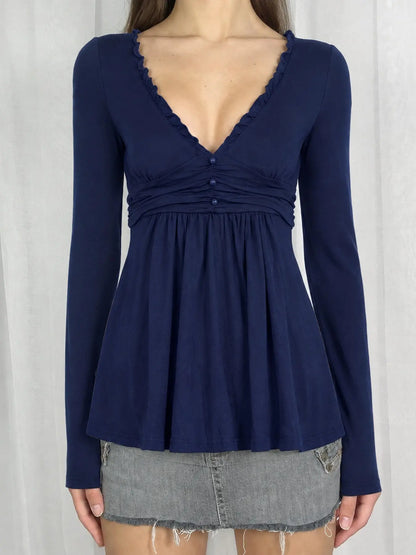 Women's Ruffle Trim V Neck Long Sleeve Top with Ruched Waist [YQT:ULO-260921-005:0c8b0b6a76e78bd2]