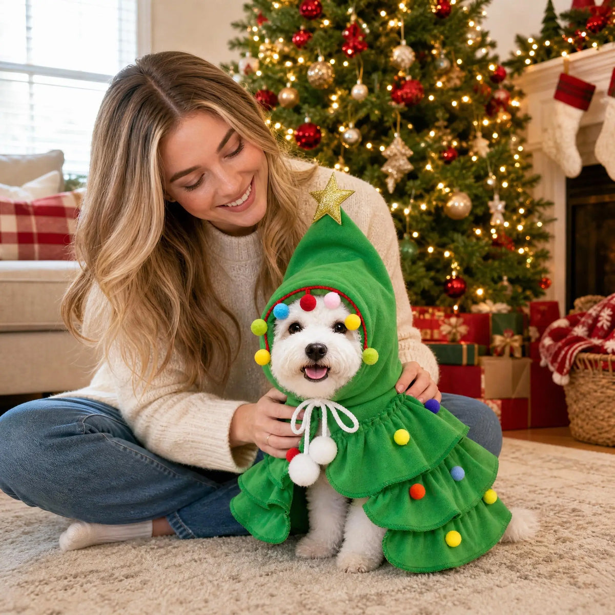 Christmas Tree Dog Costume Hooded Cape with Star and Colorful Pom Poms [YQT:ULO-260924-003:0ccb92e7d9afa1a8]