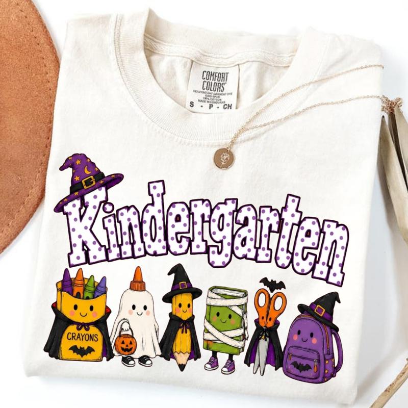 Halloween Teacher T-Shirt with Grade Lettering and Cute School Supply Characters [YQT:ULOT-261005-001:cf2c8ce9c85df9c9]