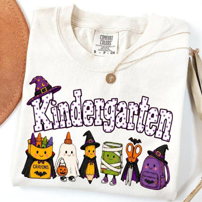 Halloween Teacher T-Shirt with Grade Lettering and Cute School Supply Characters [YQT:ULOT-261005-001:cf2c8ce9c85df9c9]