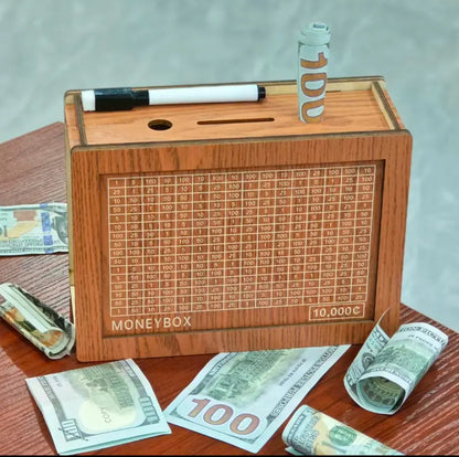 Wooden Money Saving Box with Numbered Tracker and 10000 Dollar Goal [YQT:ULO-260923-001:0441546361951411]