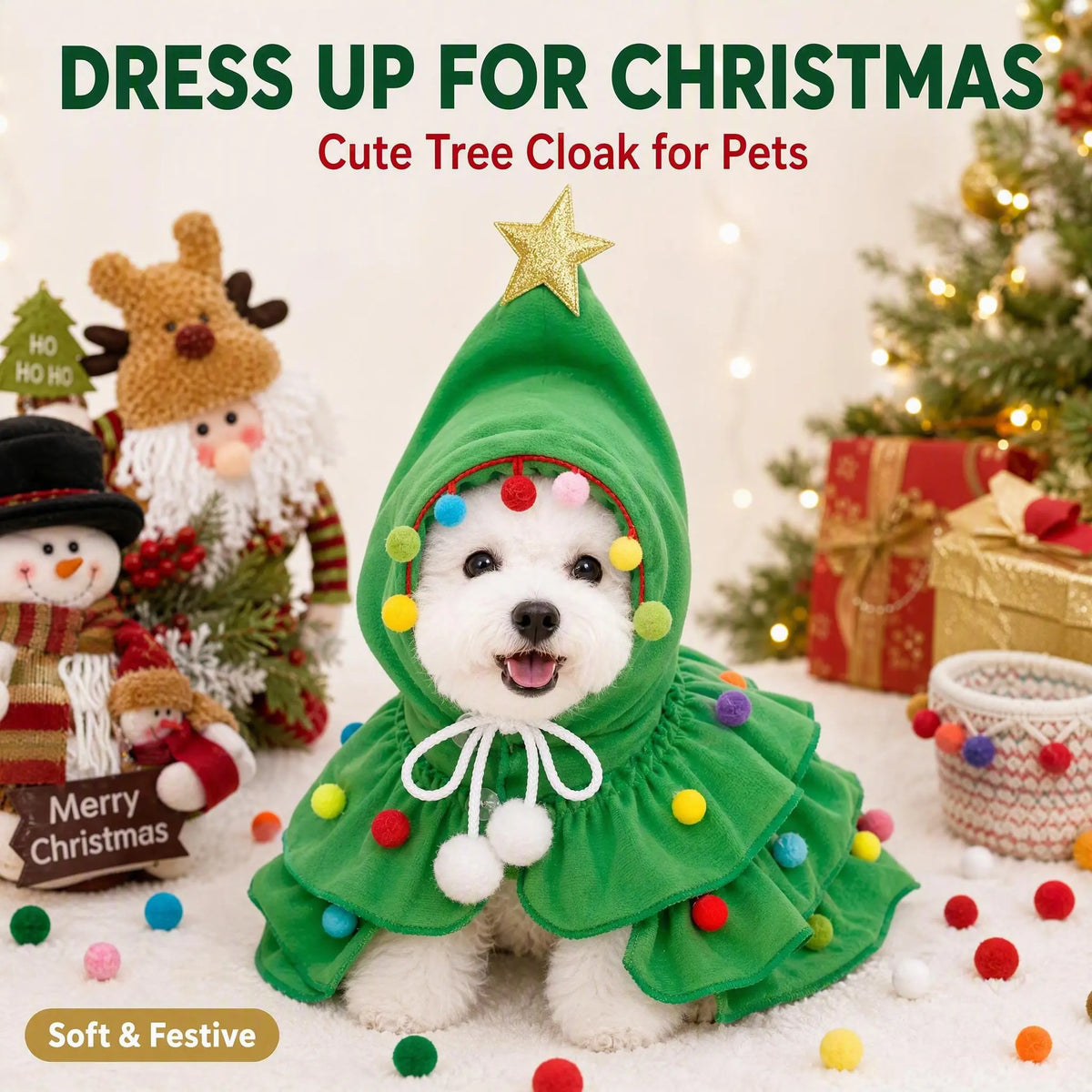 Christmas Tree Dog Costume Hooded Cape with Star and Colorful Pom Poms [YQT:ULO-260924-003:efdc01d27753b764]