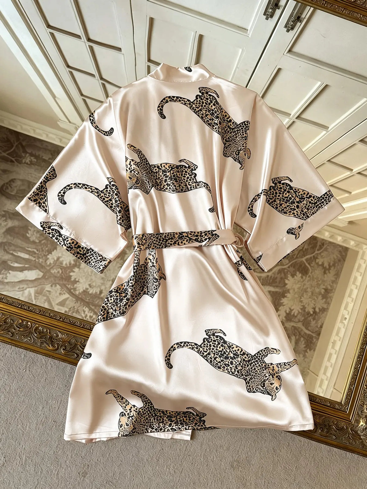 Women's Leopard Print Kimono Robe with Tie Waist and Wide Sleeves [YQT:ULO-260921-001:062e14df78b47702]