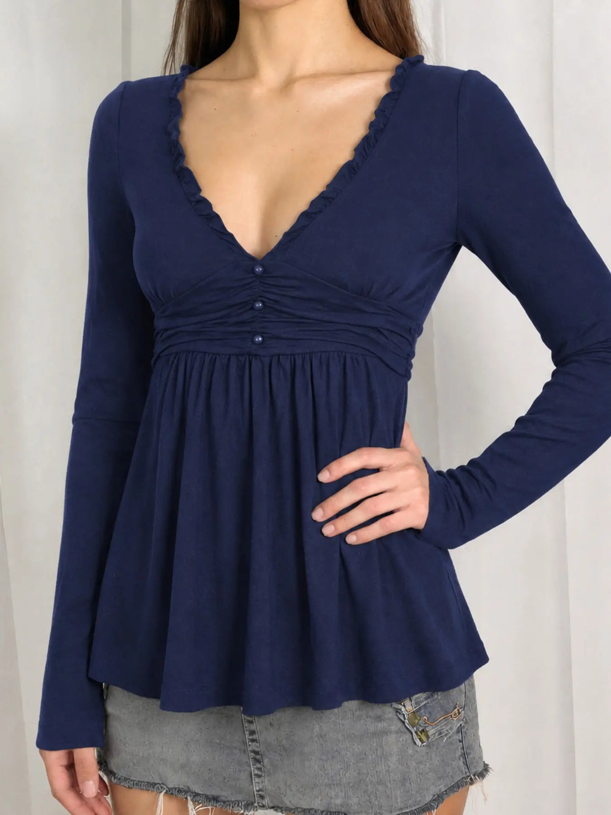 Women's Ruffle Trim V Neck Long Sleeve Top with Ruched Waist [YQT:ULO-260921-005:ff00a9b4955c01bf]