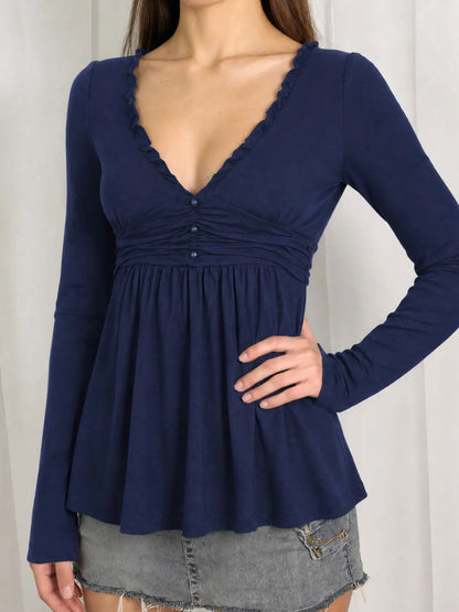 Women's Ruffle Trim V Neck Long Sleeve Top with Ruched Waist [YQT:ULO-260921-005:ff00a9b4955c01bf]