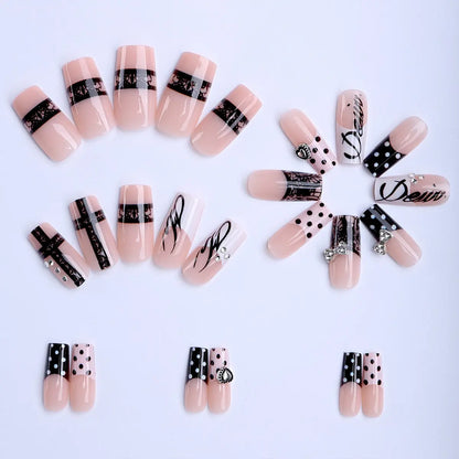 24-Piece Square Press-On Nails with Black Polka Dots and Rhinestone Accents [YQT:ULO-260918-003:ade918311d328efc]