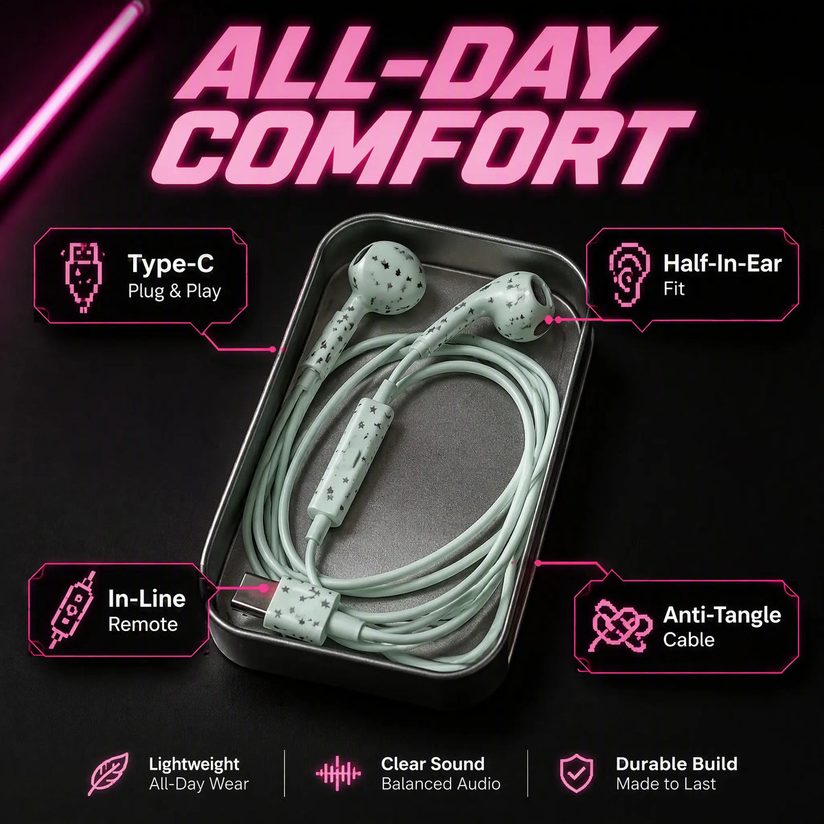 USB-C Wired Earbuds with Star and Polka Dot Designs in Multiple Colors [YQT:ULO-260916-008:d20c7ccded0f7738]