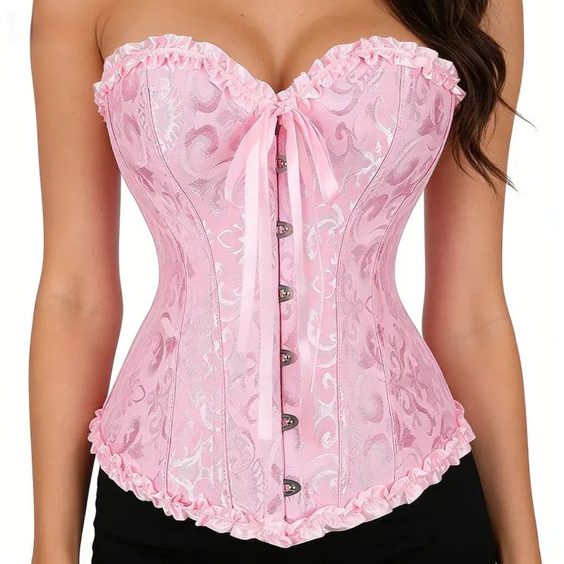 Women's Strapless Overbust Corset Top with Floral Pattern and Ruffle Trim [YQT:ULO-261008-012:3e586b66c9678d36]