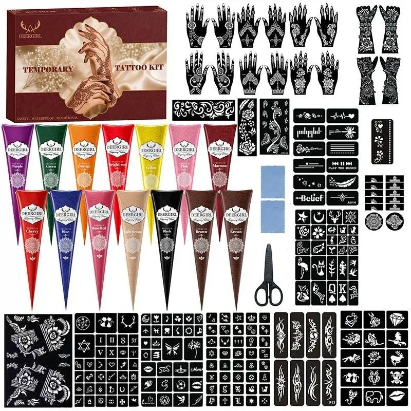 Temporary Tattoo Cone Kit with Floral, Mandala and Decorative Stencils [YQT:ULO-260920-005:ecc16005d46e5bae]