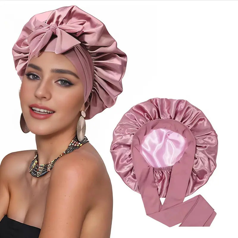 Double Layer Satin Hair Bonnet with Wide Elastic Band and Long Ties [YQT:ULO-261006-009:d056062890c1c109]