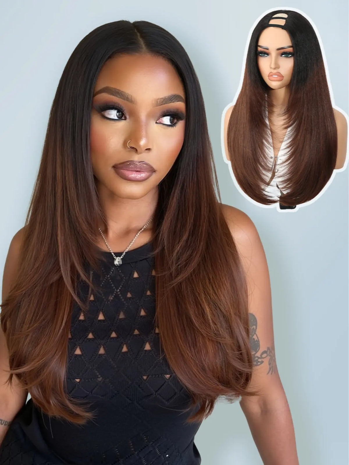 Women's Yaki Straight Layered U Part Synthetic Wig with Curved Ends [YQT:ULO-260917-004:a55b69d7d270ad42]