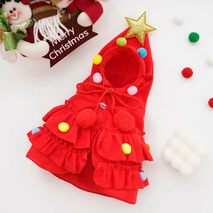 Christmas Tree Dog Costume Hooded Cape with Star and Colorful Pom Poms [YQT:ULO-260924-003:6b4c3f9e97b04692]