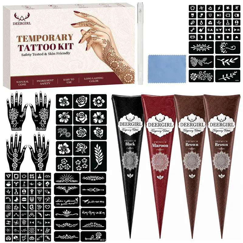 Temporary Tattoo Cone Kit with Floral, Mandala and Decorative Stencils [YQT:ULO-260920-005:09aee27416661d40]