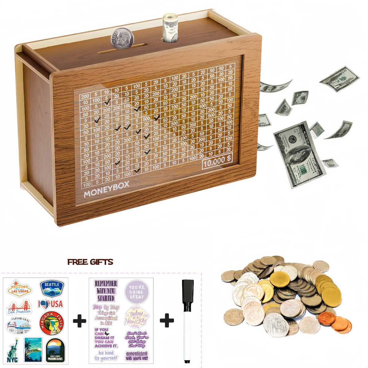 Wooden Money Saving Box with Numbered Tracker and 10000 Dollar Goal [YQT:ULO-260923-001:d66865abe734a824]