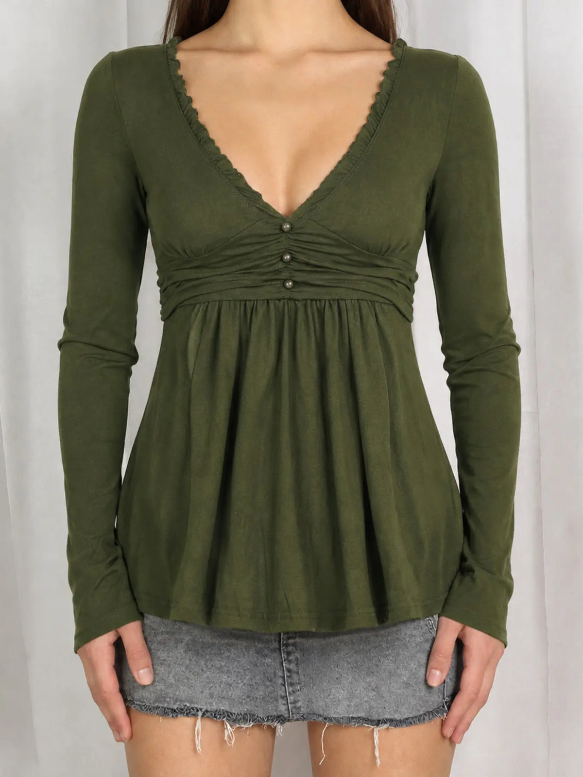 Women's Ruffle Trim V Neck Long Sleeve Top with Ruched Waist [YQT:ULO-260921-005:50f2c572d7d85148]