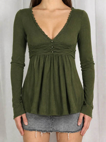 Women's Ruffle Trim V Neck Long Sleeve Top with Ruched Waist [YQT:ULO-260921-005:50f2c572d7d85148]
