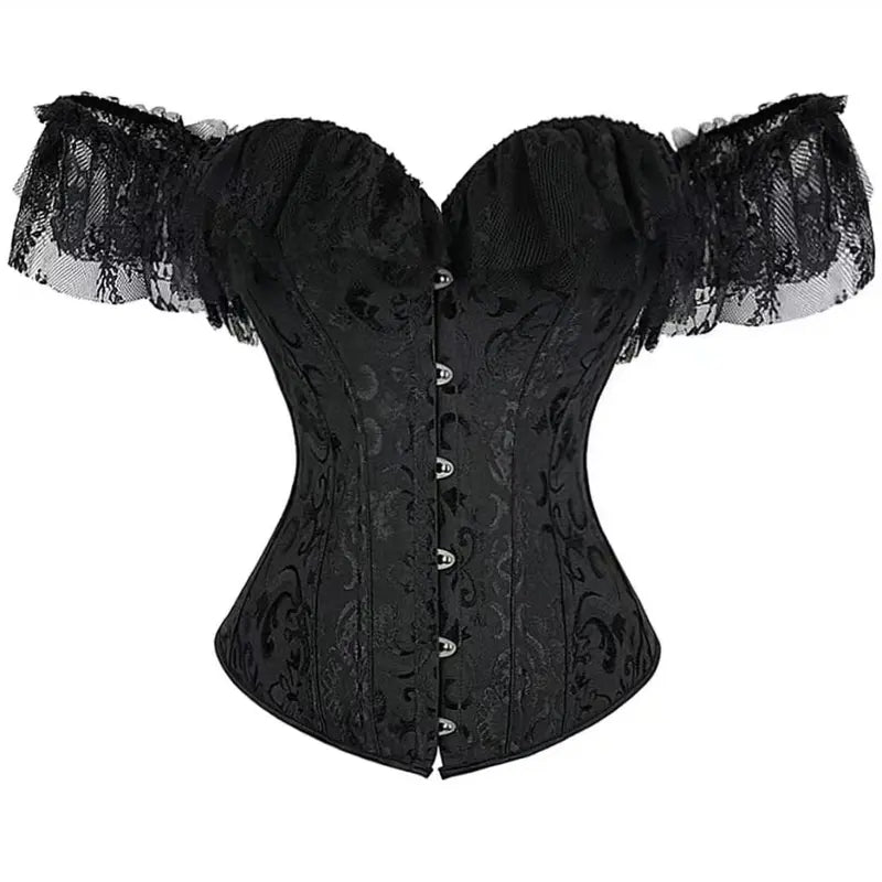 Women's Floral Corset Top with Off-Shoulder Lace Sleeves and Back Lacing [YQT:ULO-261008-005:b9aaf0e772078447]
