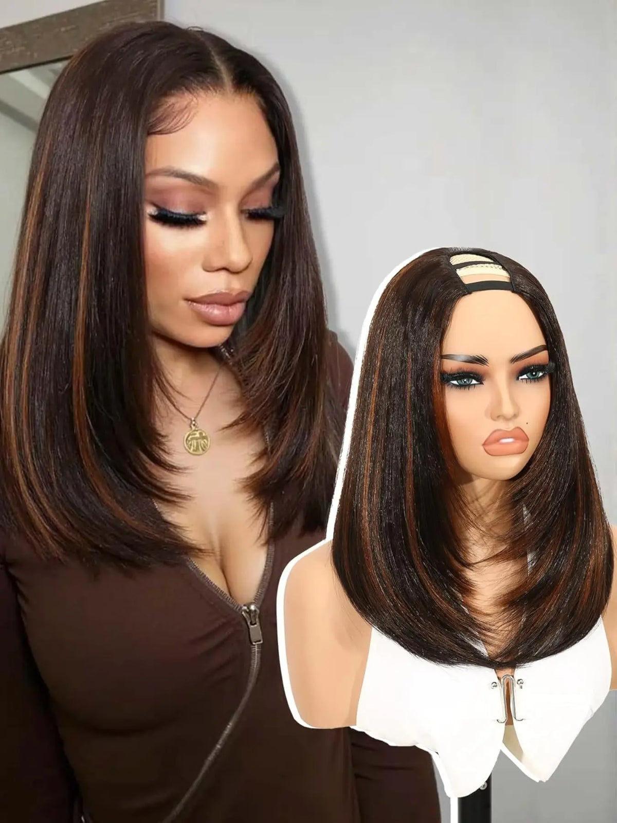 Women's Yaki Straight Layered U Part Synthetic Wig with Curved Ends [YQT:ULO-260917-004:ca74bda6c16aa80a]