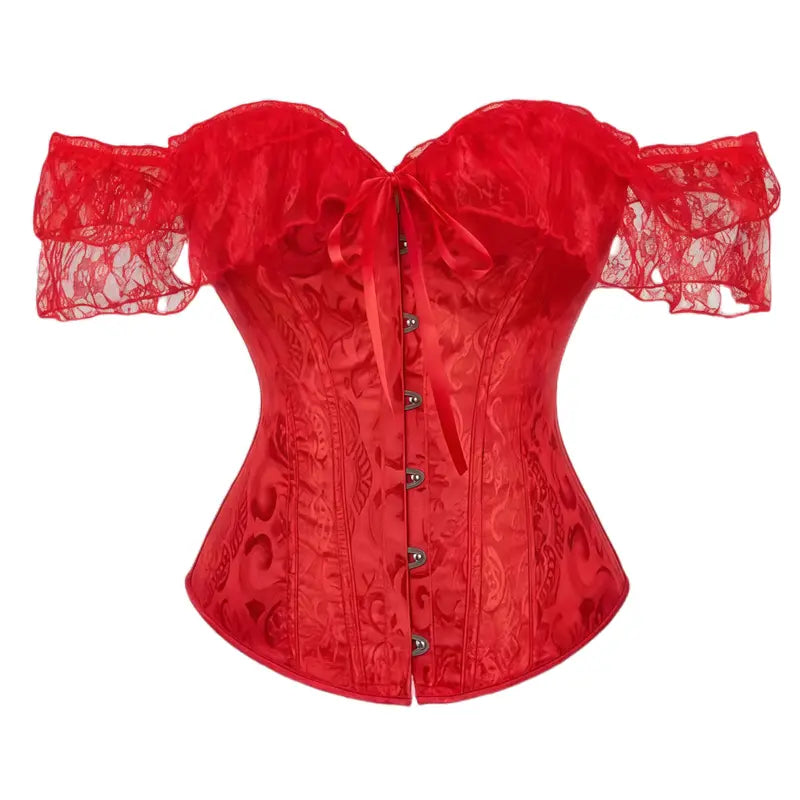 Women's Floral Corset Top with Off-Shoulder Lace Sleeves and Back Lacing [YQT:ULO-261008-005:791280a7cd7e1657]