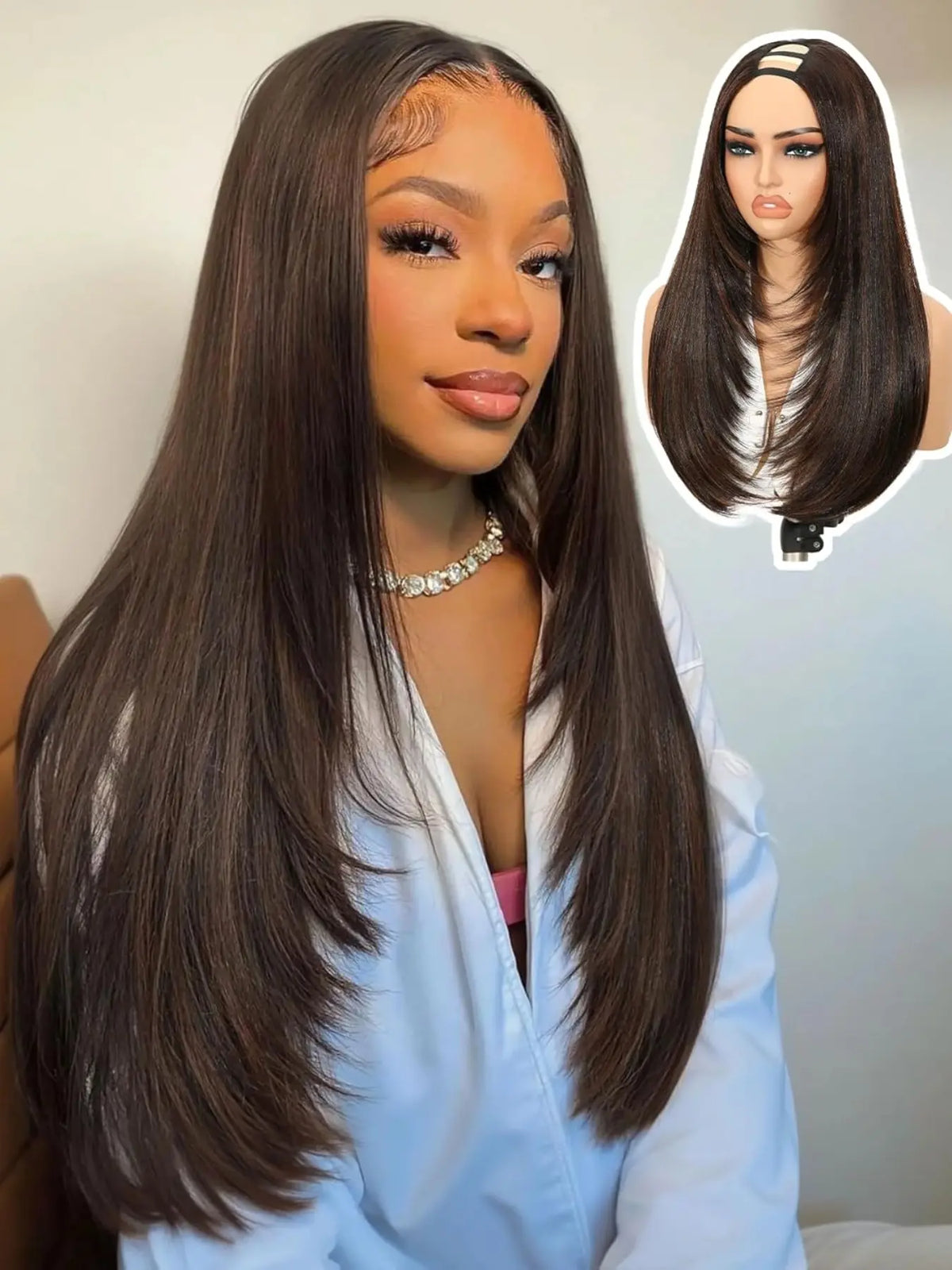 Women's Yaki Straight Layered U Part Synthetic Wig with Curved Ends [YQT:ULO-260917-004:548b60767b903216]