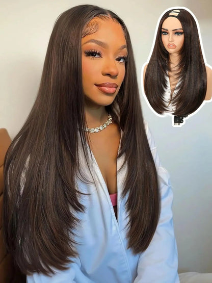 Women's Yaki Straight Layered U Part Synthetic Wig with Curved Ends [YQT:ULO-260917-004:548b60767b903216]