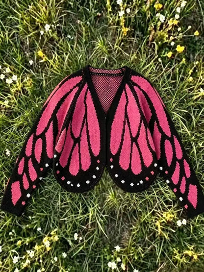 Women's Butterfly Wing Knit Cardigan with V Neck and Long Sleeves [YQT:ULO-260922-003:54d8eefc8d69e1a9]