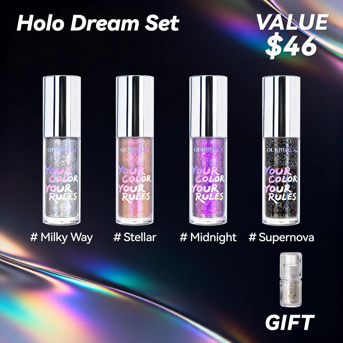 Ourbella Glitter Lip Gloss with Shimmering Color and High Shine Finish [YQT:ULO-260912-003:739a5e13e639cd34]