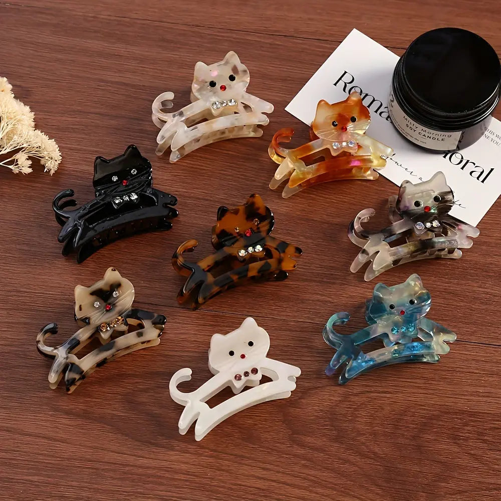 Charming Acrylic Cartoon Cat Hair Pin Set - Glitter BB Flat Claw Clips with Belt Cross Decor, Whimsical Daily Fashion Accessory (Cartoon Clips & Hair Pins) Hair Claw