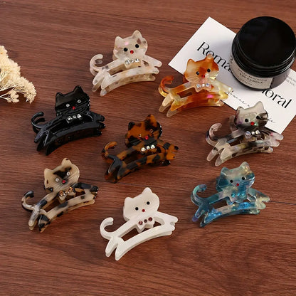 Charming Acrylic Cartoon Cat Hair Pin Set - Glitter BB Flat Claw Clips with Belt Cross Decor, Whimsical Daily Fashion Accessory (Cartoon Clips & Hair Pins) Hair Claw