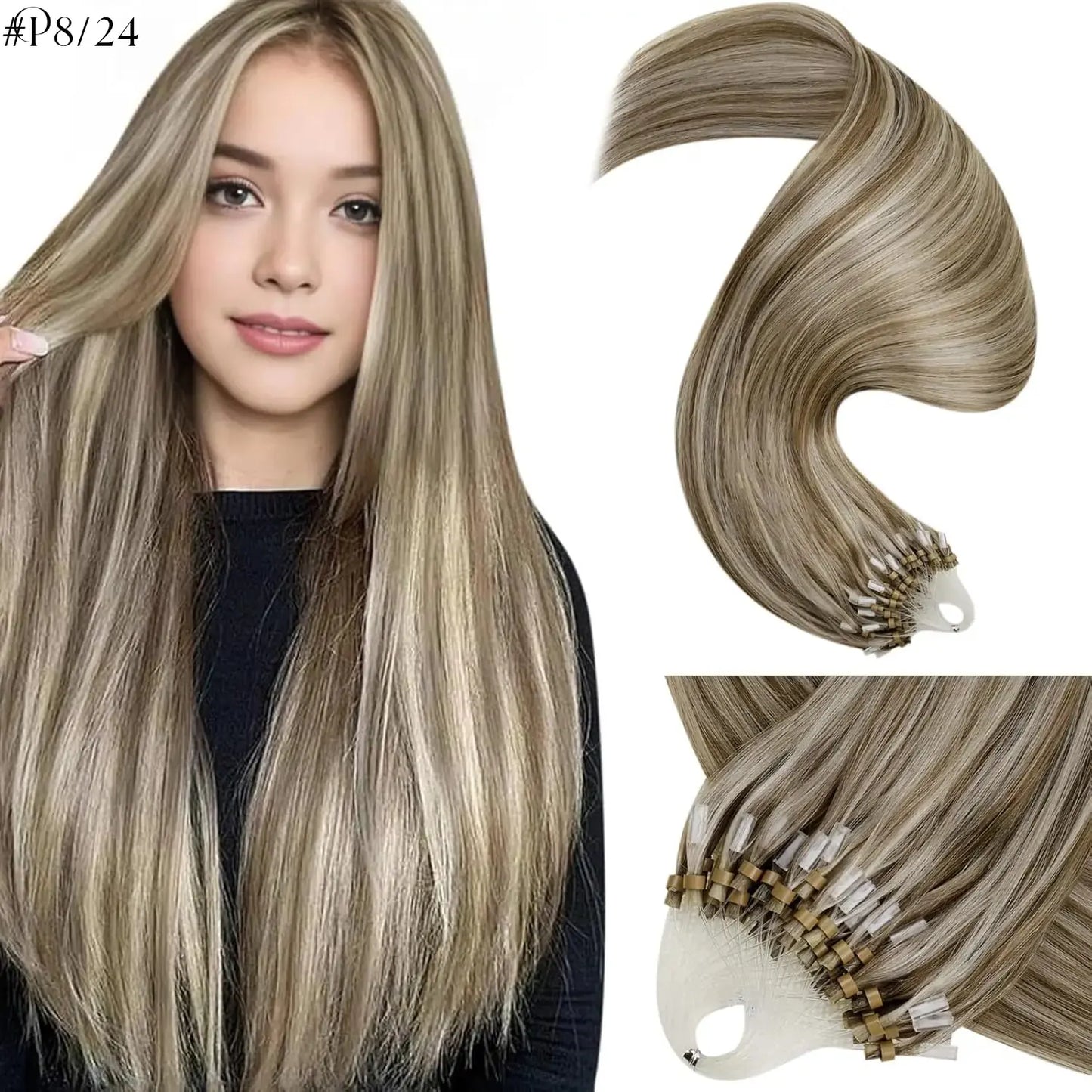 LaaVoo Micro Ring Human Hair Extensions, 14-28in Glueless Silky Straight, 57g Bead Loop System, Blends Naturally for Summer Outfits, Extensions Hair,sohochic