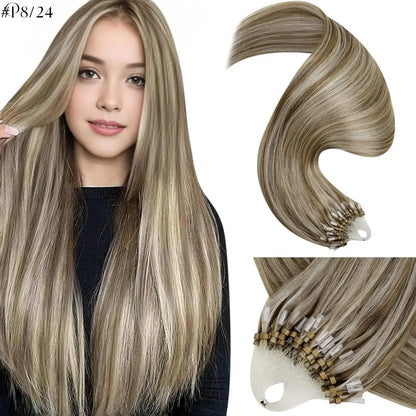 LaaVoo Micro Ring Human Hair Extensions, 14-28in Glueless Silky Straight, 57g Bead Loop System, Blends Naturally for Summer Outfits, Extensions Hair,sohochic