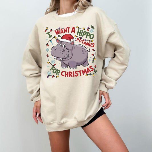 Cute A Hippopotamus For Christmas Shirt, Hippopotamus Christmas Lights Shirts, I Want  A Hippo Potamus For Christmas Hoodie Clothing Cotton