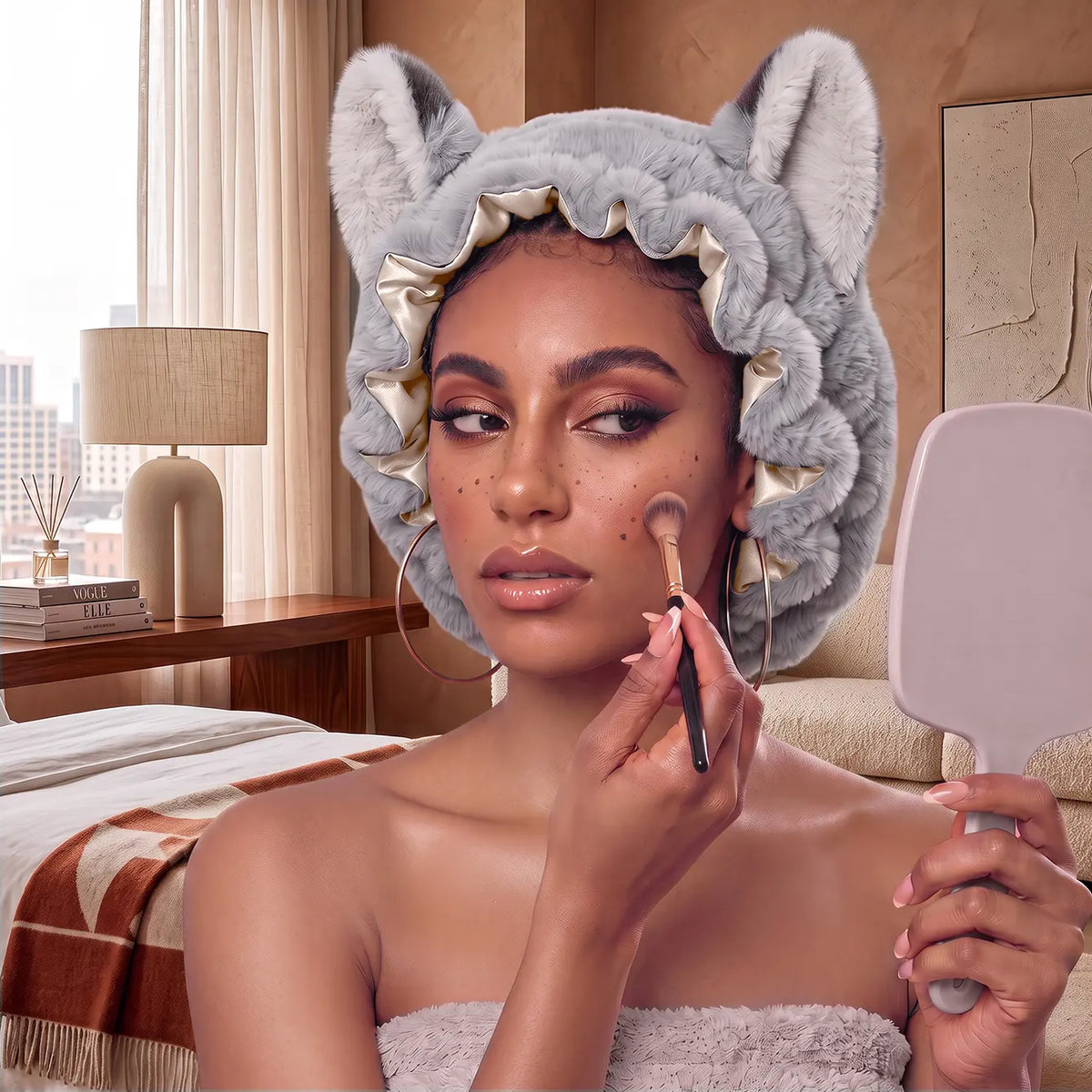 Fox Ear Plush Satin-Lined Sleep Bonnet